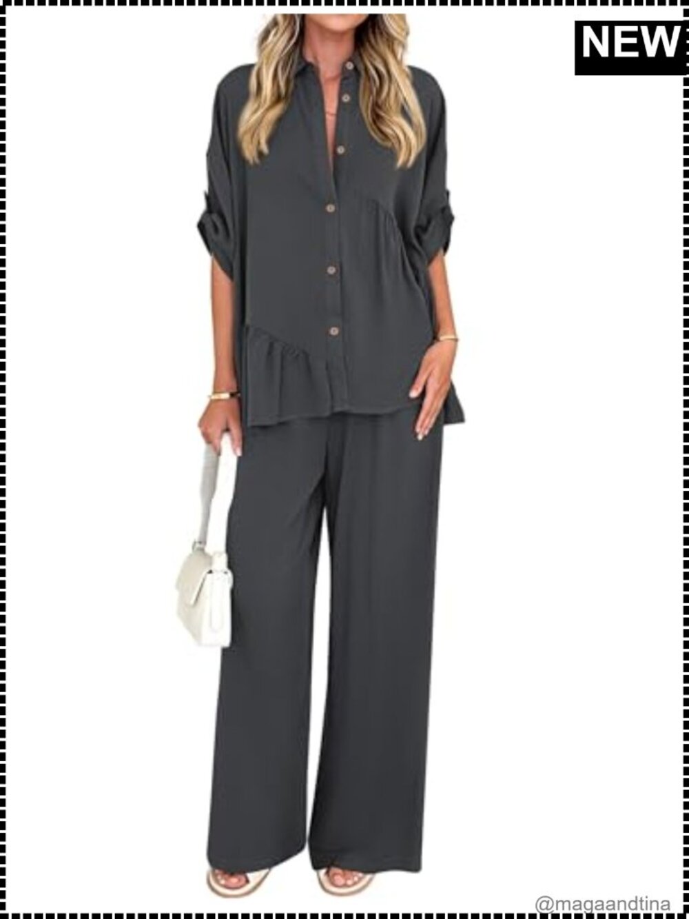 KIRUNDO Womens Two Piece Pant Set Button Down Shirt Wide Leg Pants